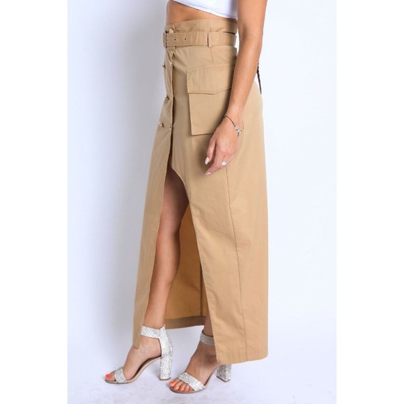 Women Asymmetric Self Belted Pockets Detailed Maxi Skirt Formal Casual Khaki - Picture 2 of 10